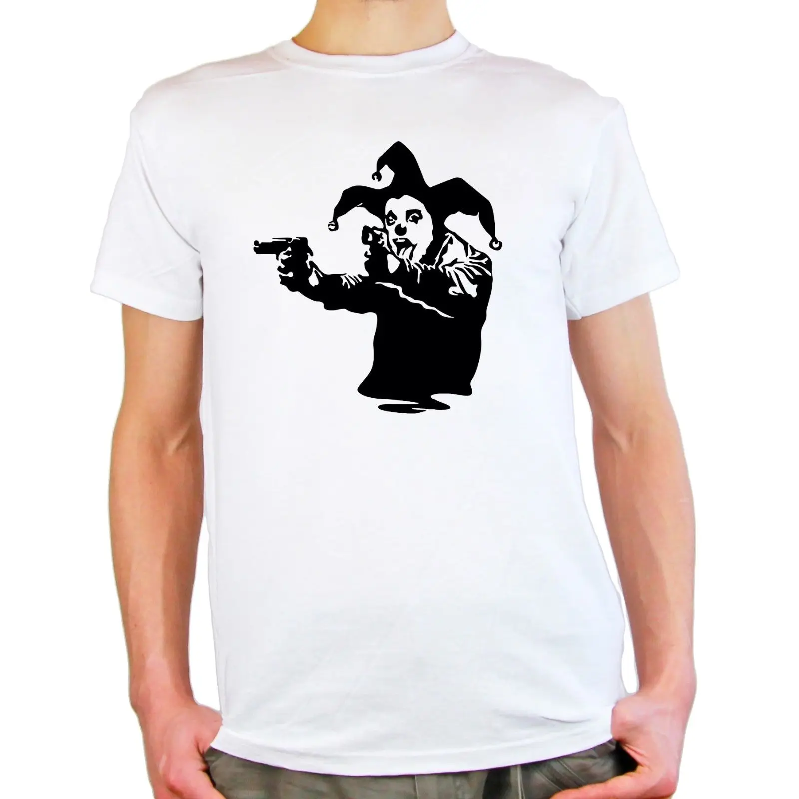 Image Men s Short Sleeve Printing Machine T Shirt Banksy Street Art Graffiti, Joker Clown   Pistols, Jester TShirts