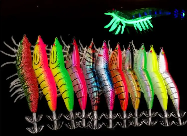 

Fishing Lure Shrimp Prawn Squid jigging Artificial Lure Noctilucent with Squid Jigs Hook 3.0# 3.5#