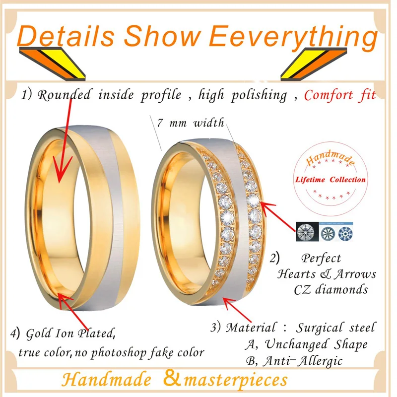 Mens Wedding Bands Engagement Rings Pair set AAA Cubic Zirconia bague anillos anel Gold color Couple Rings for Women