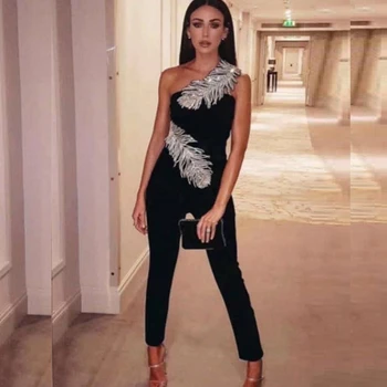 

Elegant New 2018 Clubwear Sleeveless Black With Silver Sequin Patchwork Backless Fashion One Shoulder Bandage Jumpsuit Wholesale