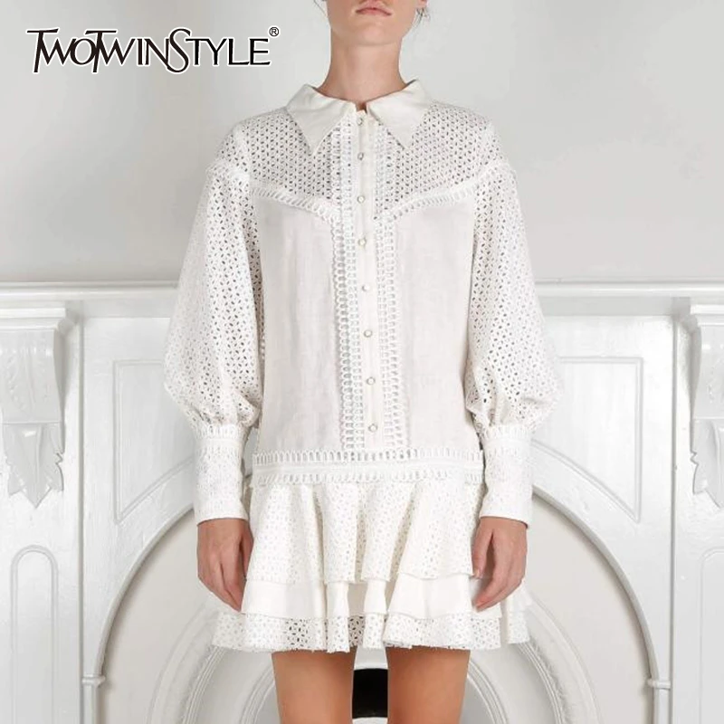 

TWOTWINSTYLE Elegant Solid Dress For Women Lapel Collar Lantern Sleeve Hollow Out Ruffles Dresses Female 2019 Fashion Summer