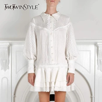 

TWOTWINSTYLE Elegant Solid Dress For Women Lapel Collar Lantern Sleeve Hollow Out Ruffles Dresses Female 2020 Fashion Summer