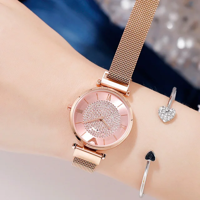Женские часы Топ бренд женские наручные часы из розового золота для женщин relogio feminino Роскошные Кварцевые часы с бриллиантами и магнитной сеткой - Цвет: pink