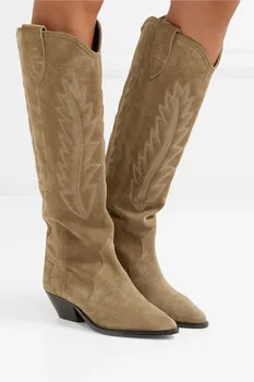 

Botines Mujer 2020 Women Winter Shoes Tan Suede Knee-High Boots Square Heel Long Riding Boots Low Heel Western Motorcycle Boots