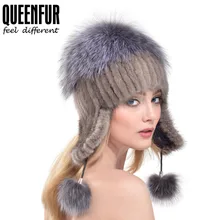 QUEENFUR 2016 Winter Warm Hats Fashion Ear Protector Silver Fox Fur Ball Cap Real Mink Fur