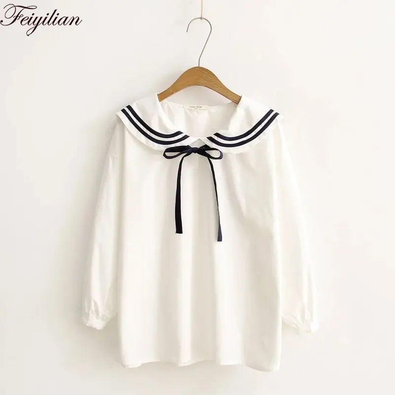 

Janpan Bow Sailor Collar Women Blouse Preppy Style Long Sleeve Tops Sweet Cotton Shirt Girl Spring and Autumn