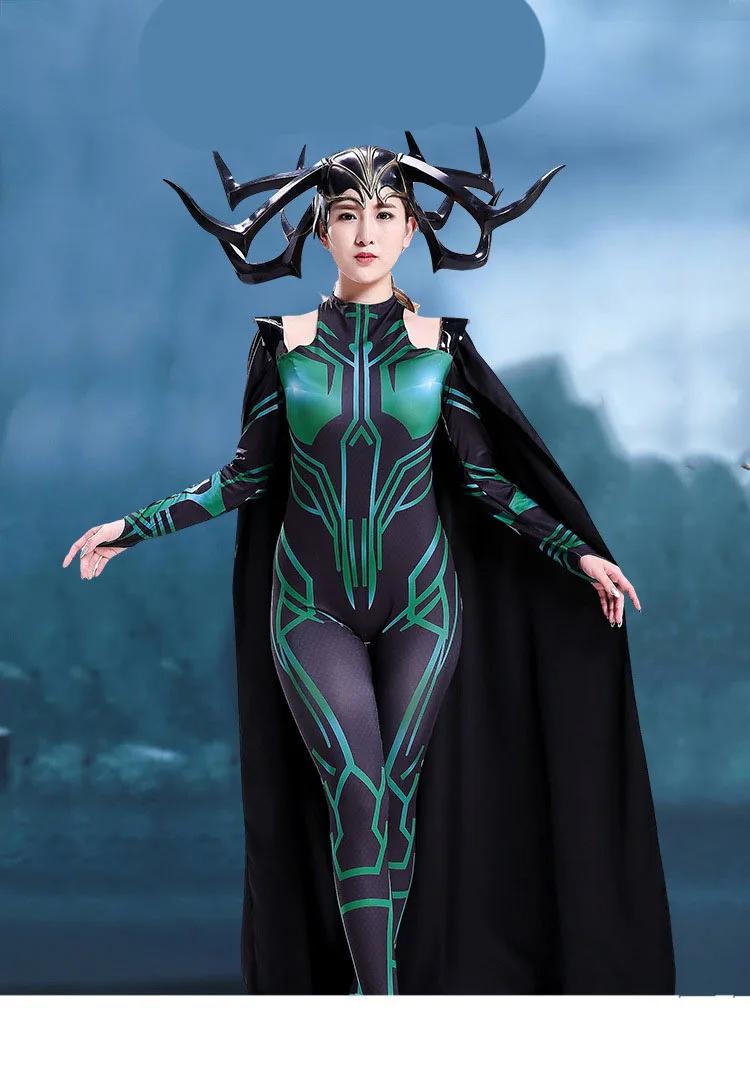 Thor Ragnarok Hela; карнавальный костюм; вечерние костюмы супергероя на Хэллоуин; Zentai; комбинезон для взрослых с накидкой и головным убором