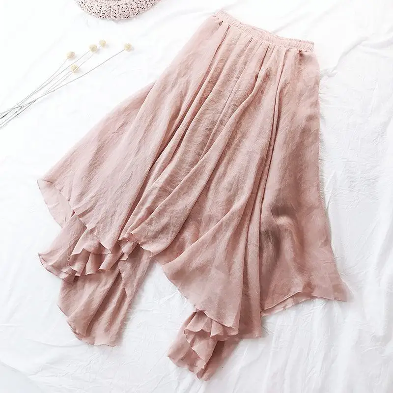 Fitaylor Летняя женская юбка с высокой талией, Асимметричная Повседневная юбка средней длины из хлопка и льна, Женская винтажная юбка с эластичной талией - Цвет: Pink