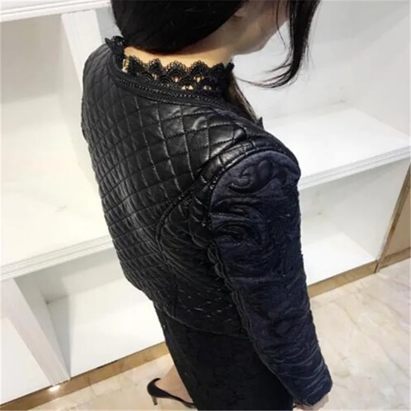 Super high quality 2018 spring autumn Denim basic Women jacket short round neck cowboy stitching PU washed leather Coat