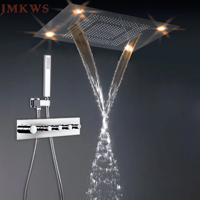 

304 Stainless Steel Rainfall Shower Set Shower LED Bathroom Faucets Thermostatic Mixer Valve 600*800mm Showerhead 3 Functions