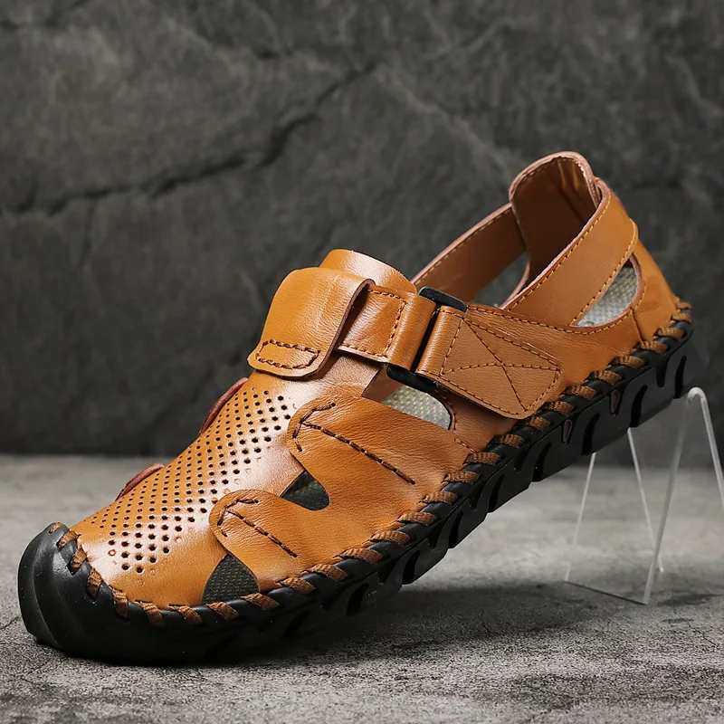 Loecktty/Брендовые мужские сандалии из натуральной кожи; модные шлепанцы; Мужская дышащая летняя пляжная обувь; сандалии; повседневная мужская обувь; размер 46 - Цвет: brown