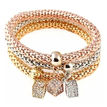 1 set 3pcs fashion Crystal Square Cubic Rhinestone Pendant Bracelet Elastic Chain Casual Bangle Jewelry For