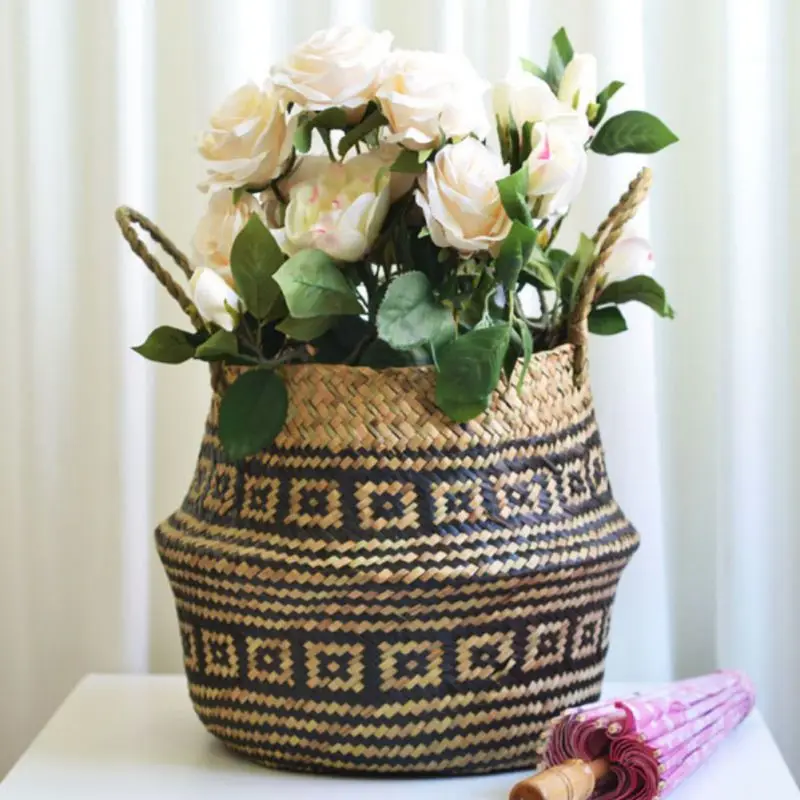 Бытовая Складная натуральная водоросли Плетеный горшок для хранения садовая Цветочная ваза подвесная корзина с ручкой пузатая корзина для хранения