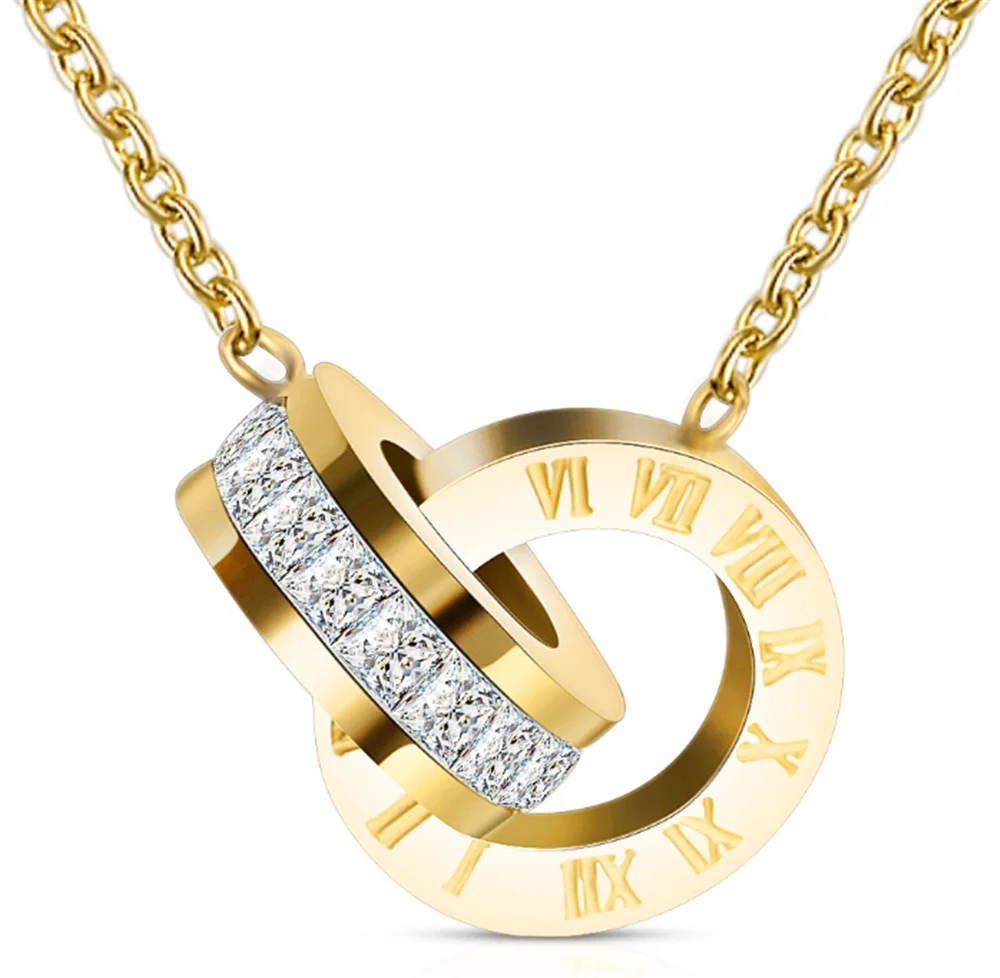Роскошная золотая римская цифра, ожерелье с кристаллами, серьги для женщин, Свадебная вечеринка, нержавеющая сталь, женский ювелирный набор, подарочная коробка - Окраска металла: Gold Necklace