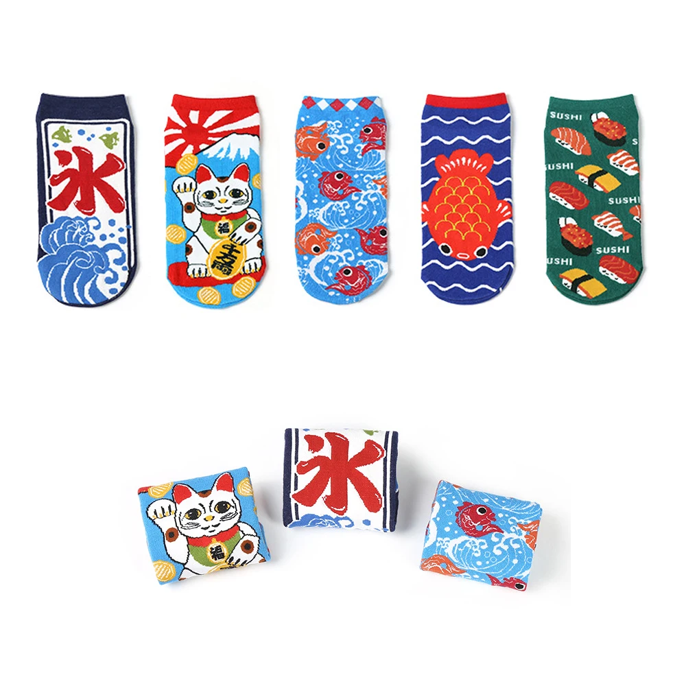 VPM Kawaii Хлопковые женские короткие носки Мультяшные рыбки суши удача кот Кит