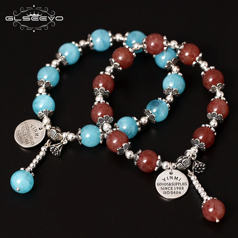 

XlentAg 925 Sterling Silver Natural Stone Aquamarine Strawberry Quartz Adjustable Women's Bracelets With Charms Jewelry GB0095