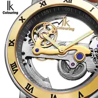 IK Automatic Mechanical Watches Men Brand Luxury Rose Gold Case Genuine Leather Skeleton Transparent Hollow Watch 50m waterproof