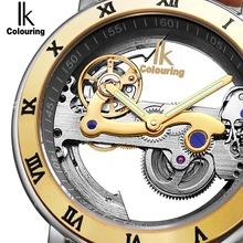 IK Automatic Mechanical Watches Men Brand Luxury Rose Gold Case Genuine Leather Skeleton Transparent Hollow Watch 50m waterproof