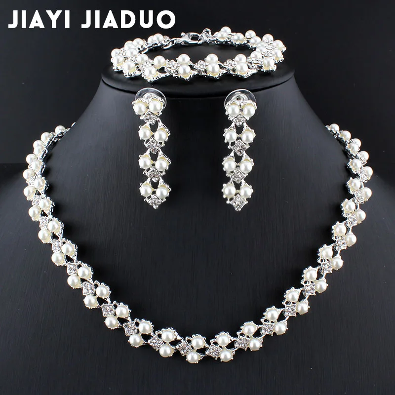 

jiayijiaduo set of jewelry simple fashion imitation pearl Silver color necklace bracelet earring for women wedding accessories