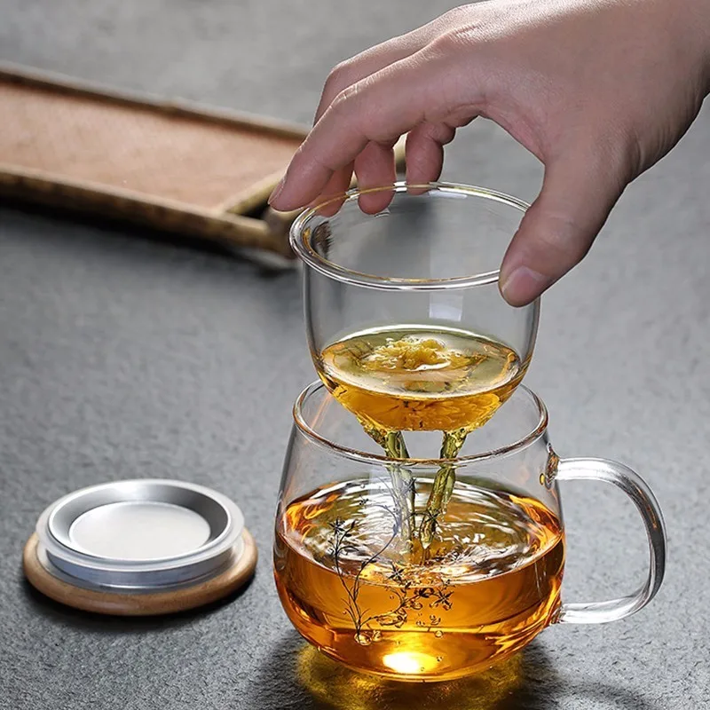 

Personality Glass Tea Mug With Infuser and Lid Bamboo Large Coffee Kitchen Travel Gift Xicara Caneca Heat-resistant drinkware