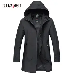 Quanbo высокое качество Для мужчин с капюшоном длинный плащ Новое поступление осень-весна для бизнес на каждый день Slim Fit Тонкий Пальто