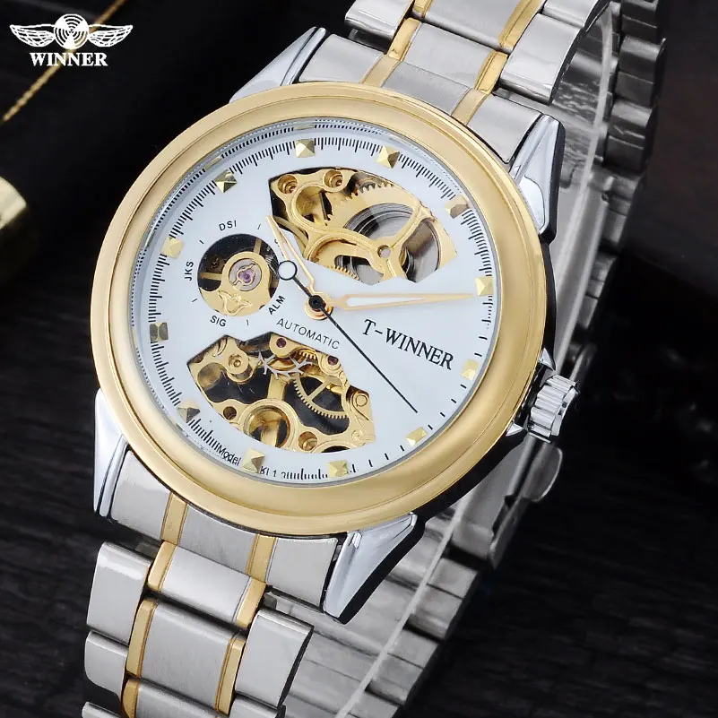 الرجال ساعات آلية الهيكل العظمي الساعات الفائز العلامة التجارية التجارية اليد الرياح المعصم للرجال ستانلس سوار فولاذي ساعة حائط هدية