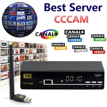 1 Año Cccam Servidor V8 Súper Receptor de Satélite Full HD 1080 P + 1 Soporte Usb Wifi Cccam Europa Cline PowerVu Biss Clave Conjunto de Caja de la Tv