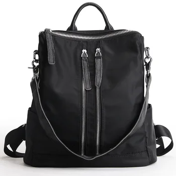 

New Arrival double strap backpack women cotton fabric backpack waterproof fashion doulble zipper pu patchwork nylon bag