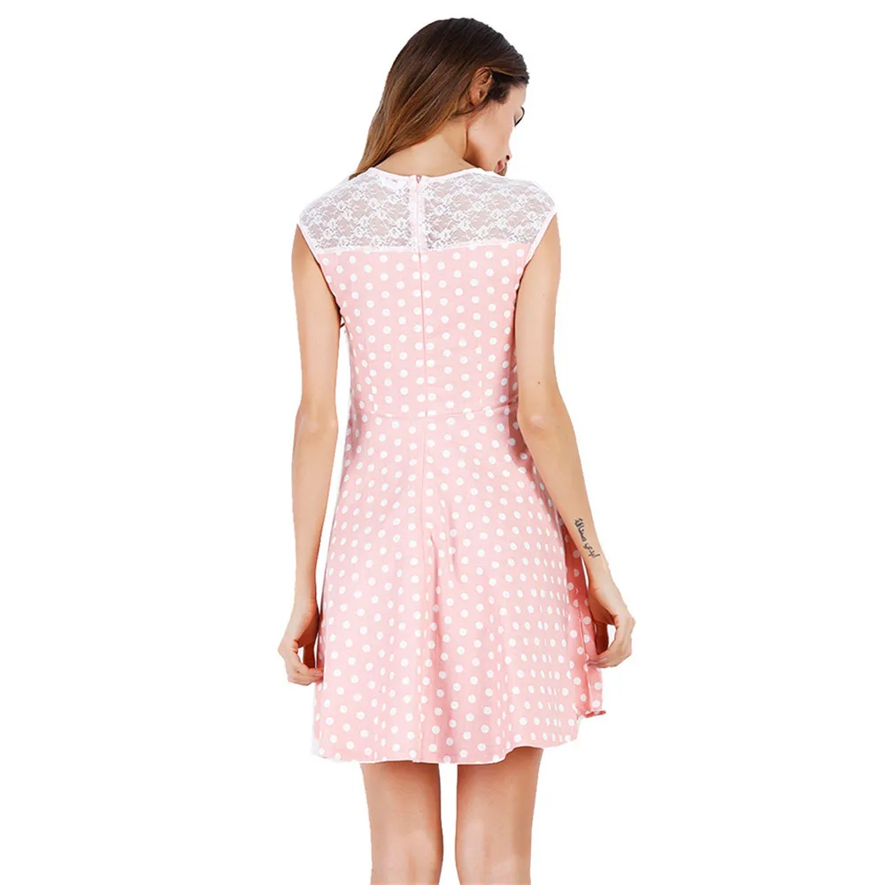 Summer Lace Women Dress 2018 Fashion Polka Dot Print Sleeveless Ladies Lace Dresses Patchwork Party Dress A line Sweet Dresses (5)
