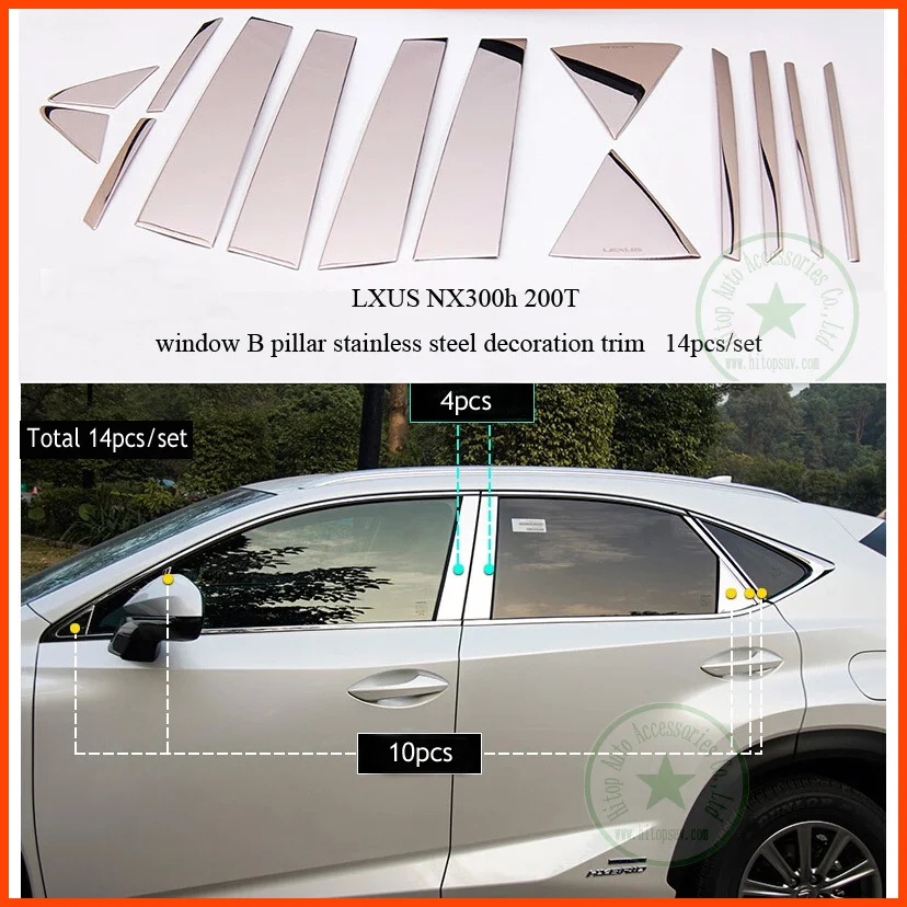 

for Lexus NX NX300h 200T window B pillar trim and rear window triangle decoration cover/sill,stainless steel,14pcs/set