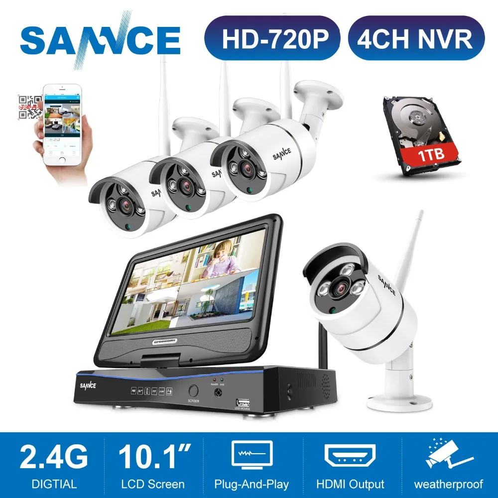 

SANNCE 4CH Wireless Wifi 720P Video Security System With 10.1inch LCD Screen 2MP H.264 NVR With 1MP Outdoor Weatherproof IP Cam