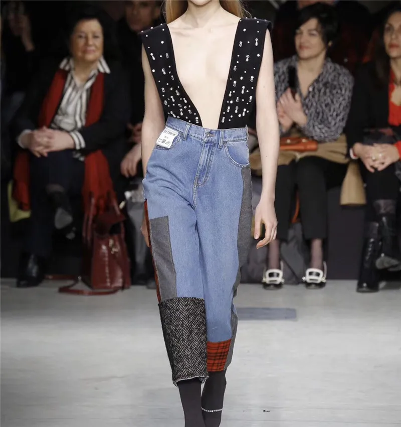 Женские комбинезоны новые Подиумные бусины широкие джинсы свободные, длиной до щиколотки джинсовые штаны Высокая талия джинсы в винтажном стиле шикарные штаны