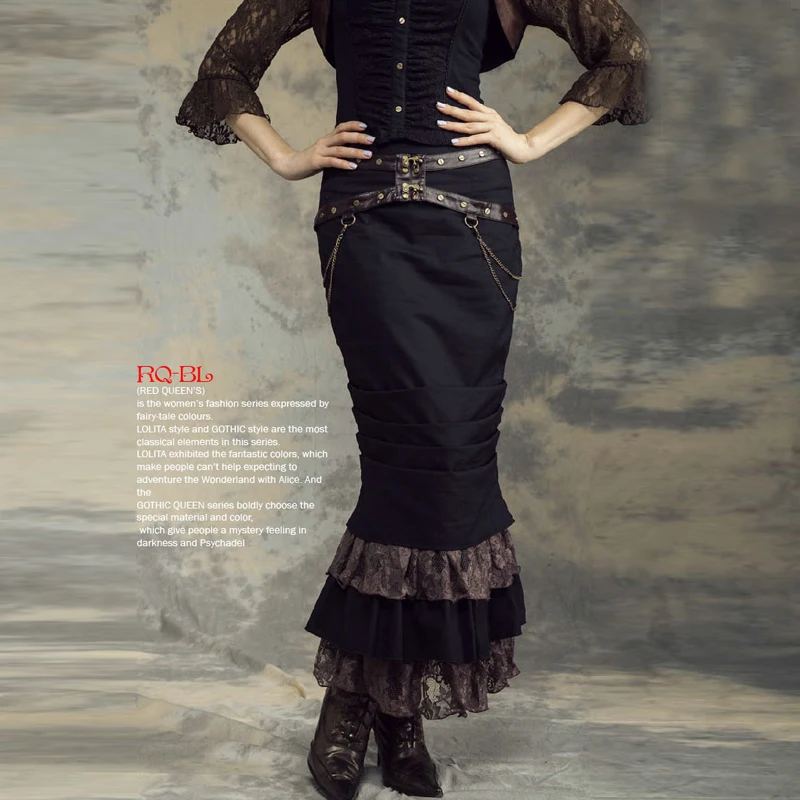 Vrouwen Steampunk Mermaid Lange Rok ZWART met Kant SP145BK