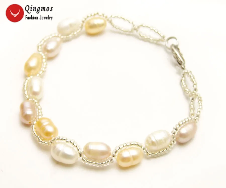 

Qingmos Natural Pearl Bracelet for Women with 5-6mm White Pink Purple Rice Pearl & Crystal Handwork Weave Bracelet Fine Jewelry