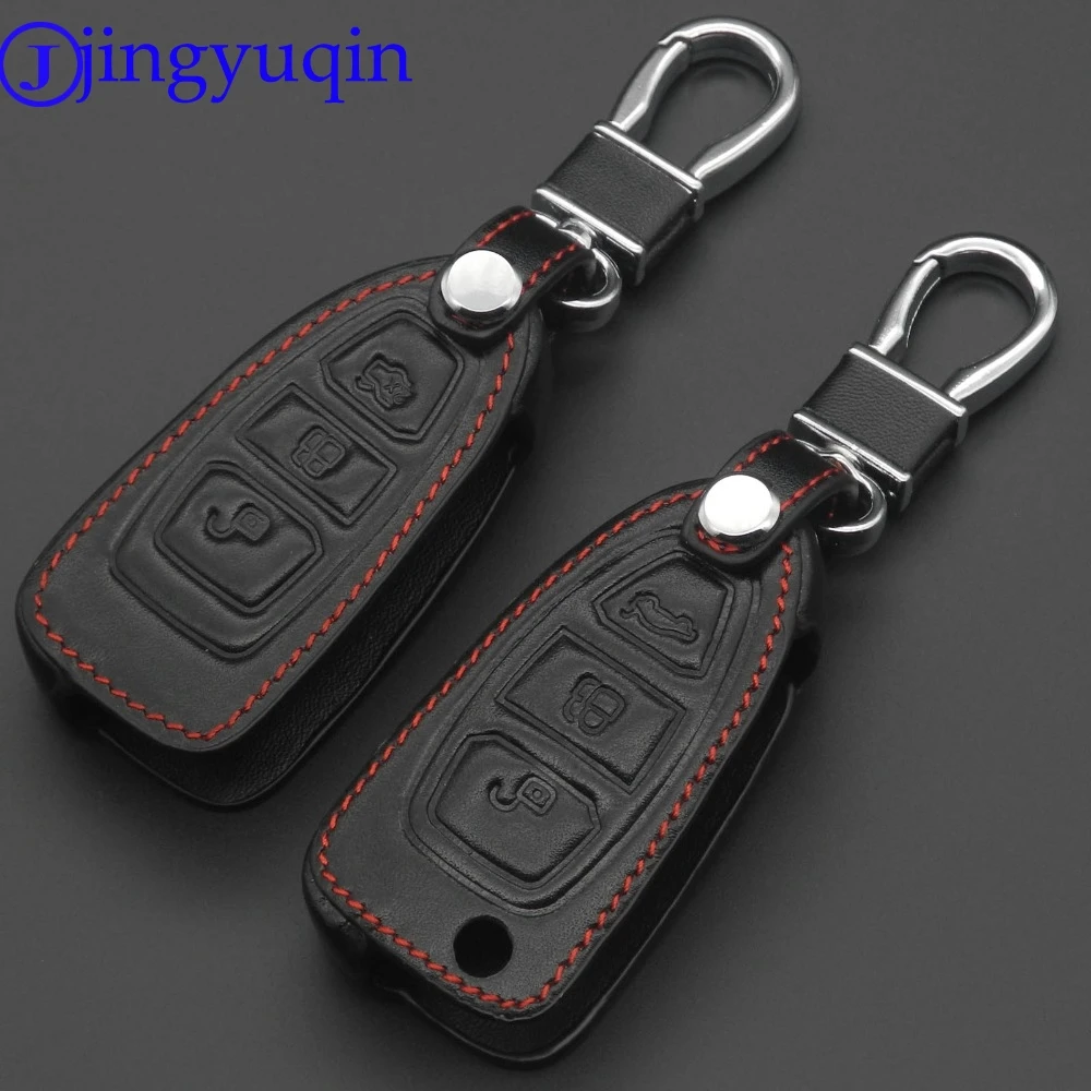 

jingyuqin 3 Buttons Leather Car-Styling Key Cover For Ford Mondeo Mk4 Focus 2 3 4 St Kuga Fiesta Fusion Ecosport 2012 2013 2014