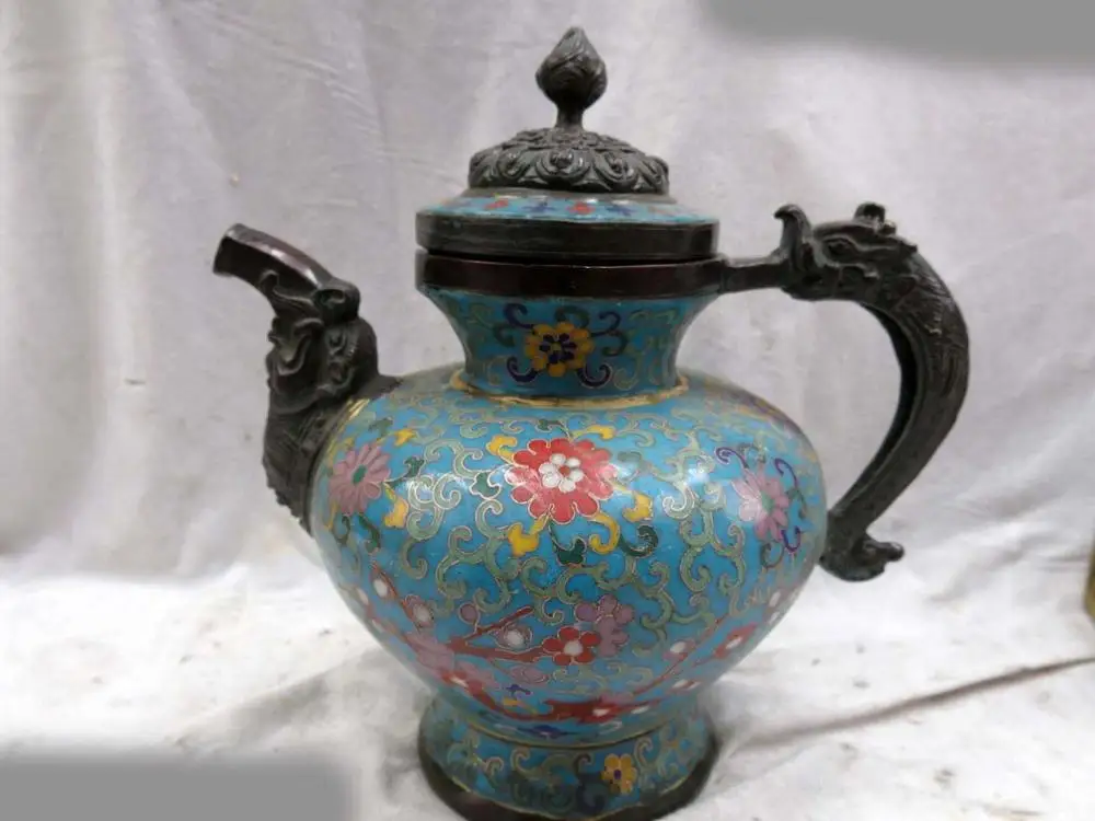 

9" China handmade bronze Cloisonne fine dragon pot decorative design kettle ST