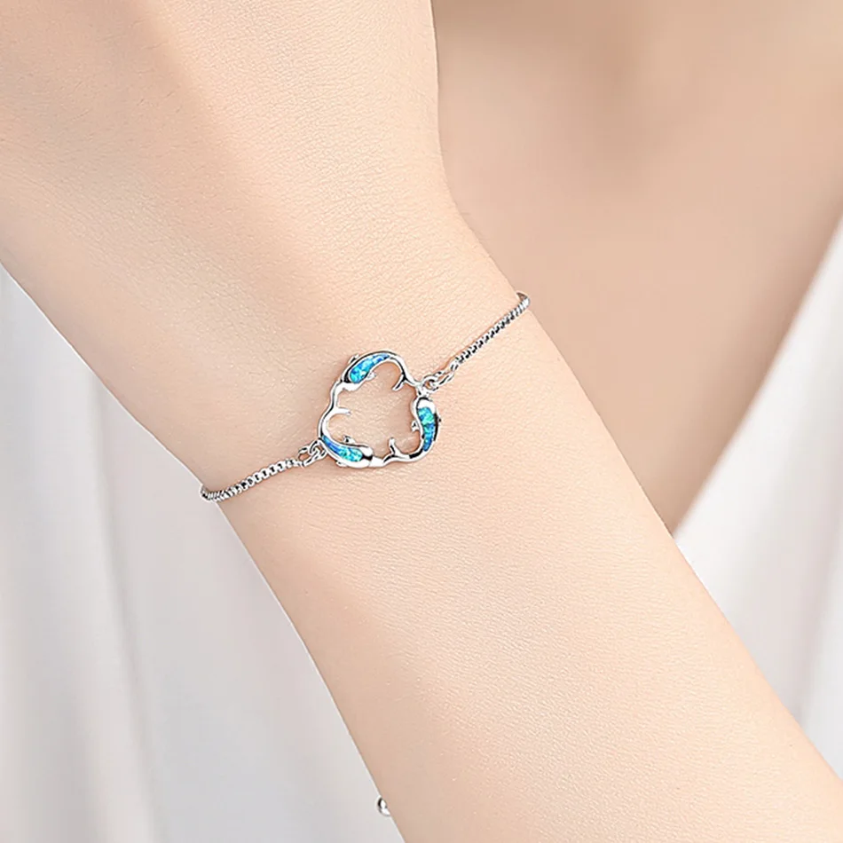ELESHE 2 Colors Antique Silver Chain Bracelets with Zirconia Fire Opal Women Bracelet 2018 Dancing Dolphins Rose Gold Jewelry
