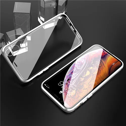 360 Полный Магнитный чехол для iPhone 11 Pro 11 Pro MAX Алюминиевый металлический бампер для iPhone XS XR XS MAX 8 7 6 6S Plus стеклянный чехол - Цвет: Transparent silver