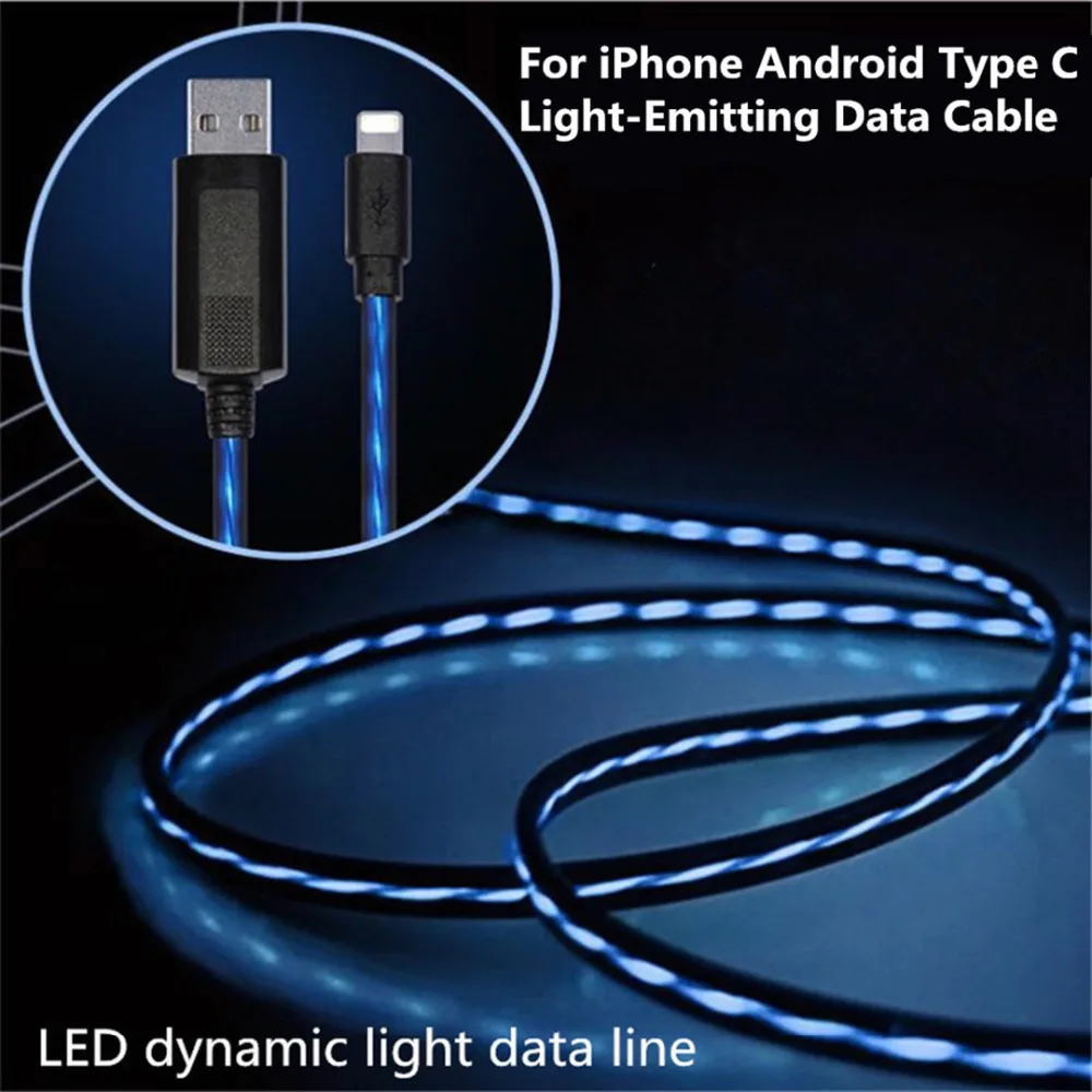 Светодиодный светящийся usb-кабель type C/Micro USB/Lighting cable для iPhone 6 7 samsung S8 зарядное устройство Быстрая зарядка яркий кабель синхронизации данных