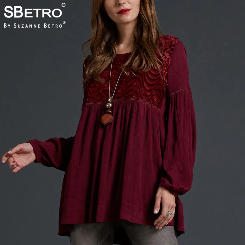 

SBetro Women Autumn Blouse Top Velvet Burnout Empire Burgundy Crew Neck Long Bell Sleeve Ladies Tunic Top Shirt