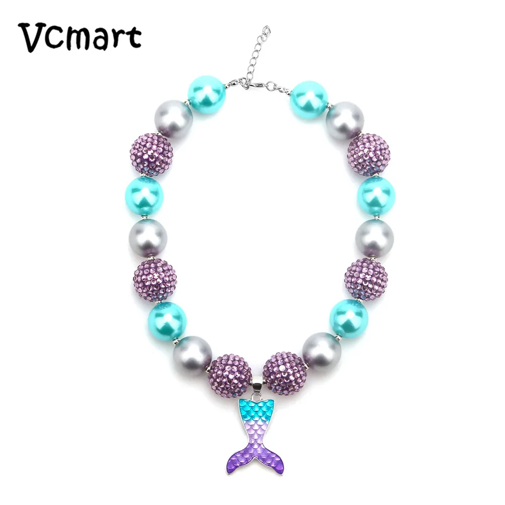 Vcmart 2017 Novas Contas de Colar Chiclete com Sereia Rabo de Peixe Pingente Chunky Colares Crianças Chiclete Frisada Chunky Jóias