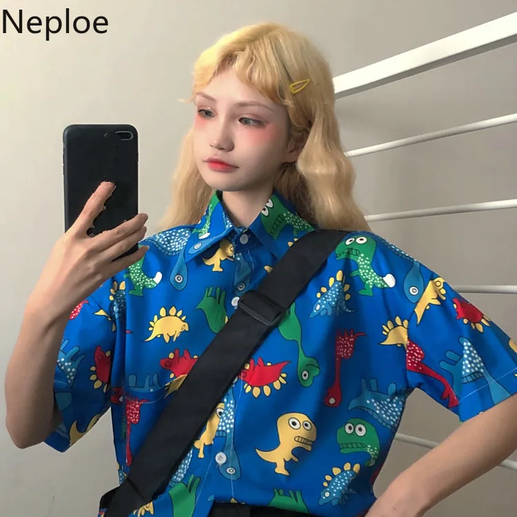 Neploe корейский Harajuku женские рубашки динозавр печатных короткий рукав блузка 2019