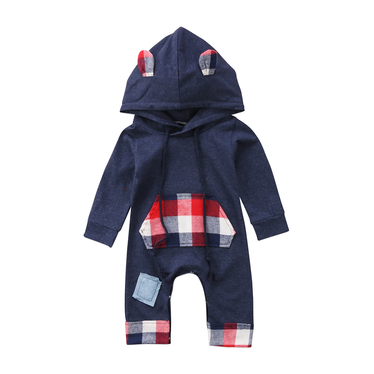 

2019 new casual kid plaid patchwork rompers Newborn Baby Boy Girl Long Sleeves bear ear Hooded Romper Jumpsuit Clothes Outfits