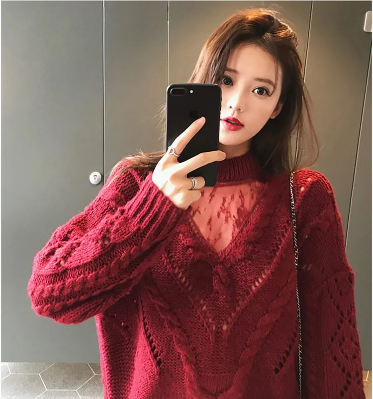 RUGOD сексуальный кружевной сетчатый лоскутный вязаный женский свитер корейский шик круглый вырез витые пуловеры свитера модная одежда больших размеров