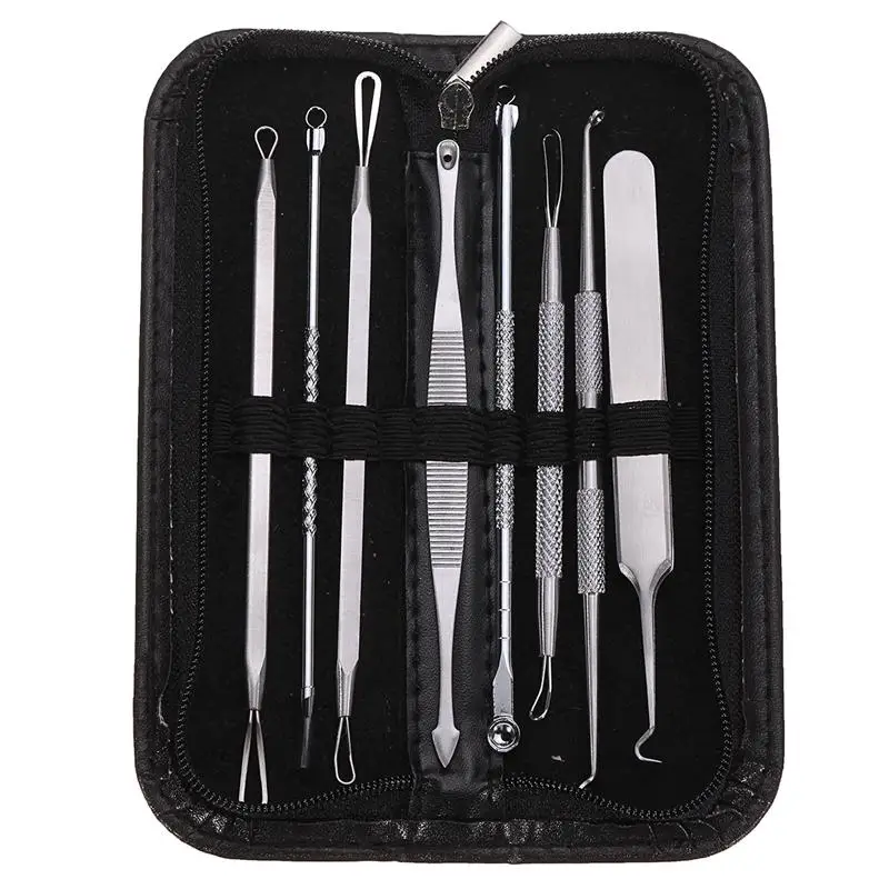 

8Pcs Facial Blackhead Acne Needles Tweezer Remover Set Stainless Steel Pimple Removal Popper Tool Face Skin Care Kit With Bag
