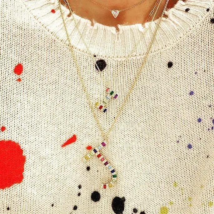 

personalized name letter necklace rainbow colorful baguette cz Initials big Alphabet Long A to Z pendant women gorgeous jewelry