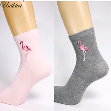 UNIKIWI. Шикарные женские носки фламинго. Повседневные носки по щиколотку с вышивкой и аппликацией кокосовых деревьев. Милые носки для девочек и девушек с мультяшными птицами Hosen