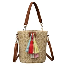 TFTP-женская Соломенная Сумка, Женская Ретро Повседневная сумка-мессенджер с кисточками, простая однотонная сумка через плечо