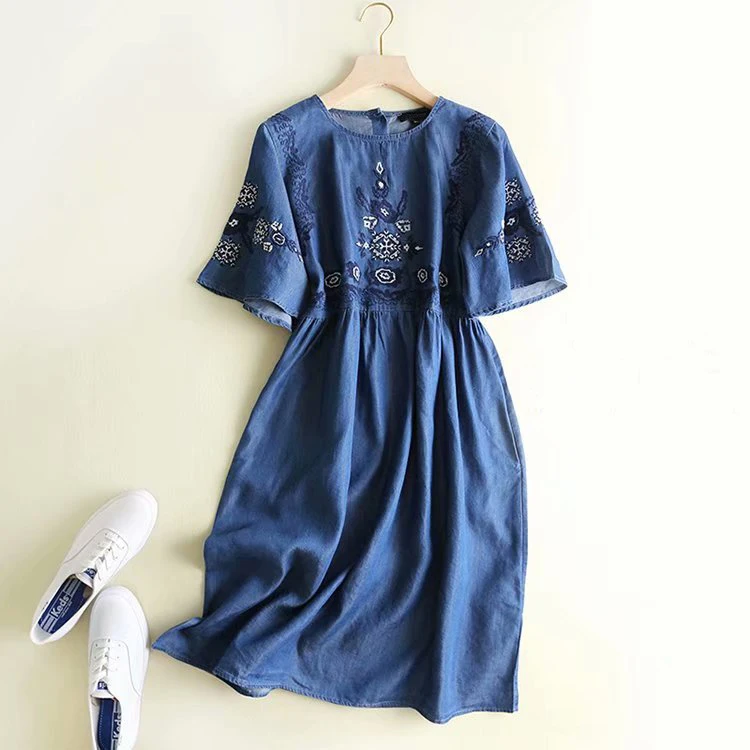 Летнее платье, женское винтажное Синее джинсовое платье с цветочной вышивкой, женское Повседневное платье с круглым вырезом и коротким рукавом размера плюс