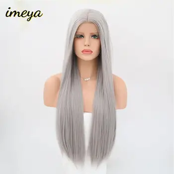 

Imeya Heat Resistant Fiber Hair Synthetic Wig Grey Color Silky Straight Lace Front Wigs Middle Part For Women